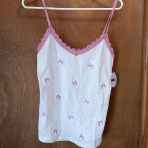 PINK Dot White Tank Top with Pink Bow Embroidery